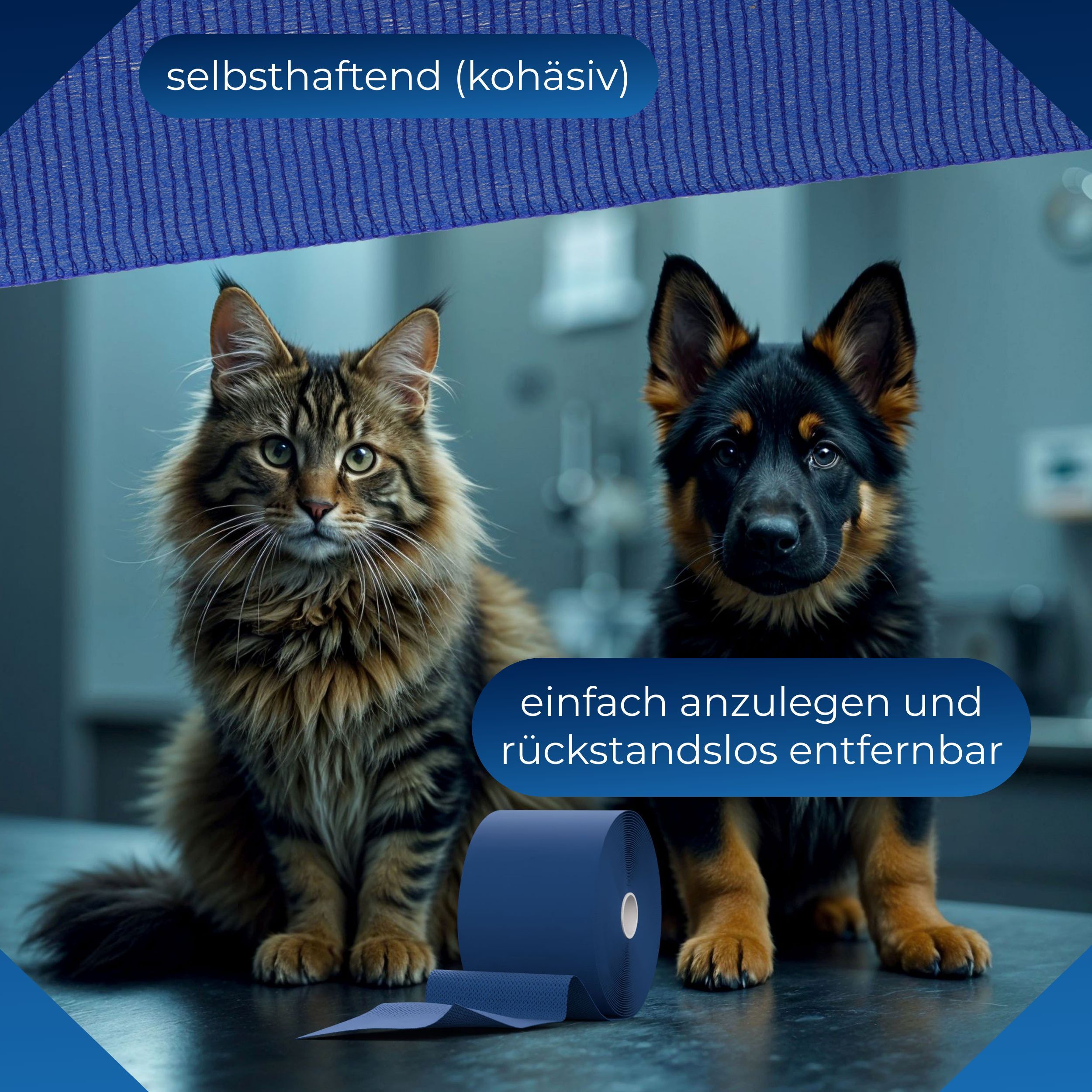 Blaues, kohäsives Fixierbinde-Rolle. Text: selbsthaftend (kohäsiv), einfach anzulegen und rückstandslos entfernbar. Haustiere.