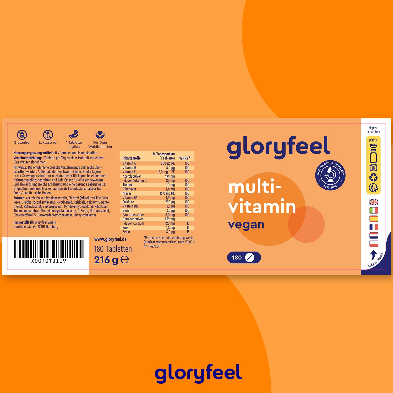 gloryfeel® Multivitamin Vegan - A bis Zink Kapseln 180 St Tabletten