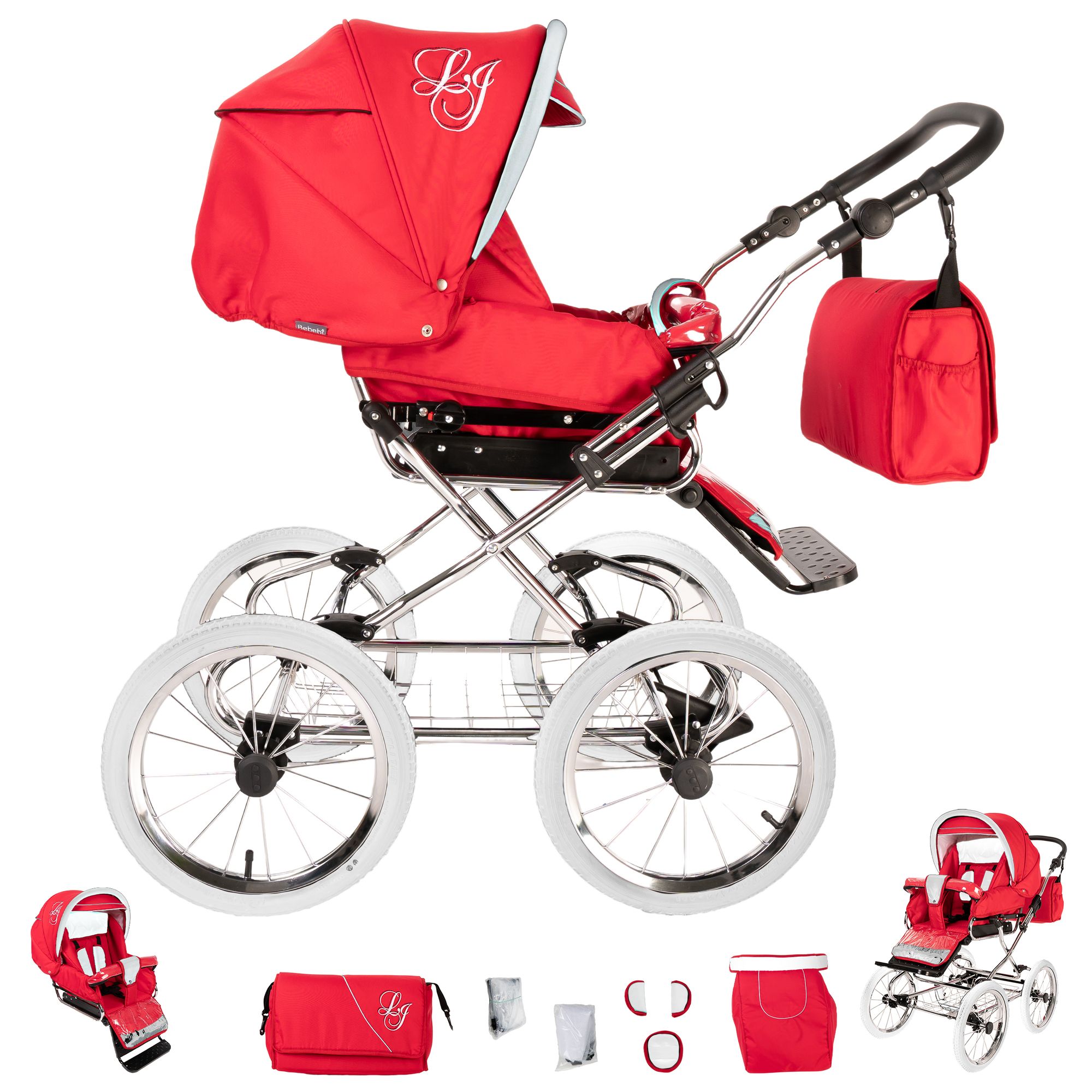 Roter Kinderwagen mit weißem Gestell und Rädern. Enthält eine Tasche mit Logo, Zubehör und einen kleinen Kinderwagen.