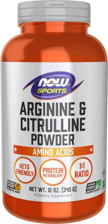 Orangefarbene Dose mit weißem Etikett. Aufschrift: Arginin & Citrullin Powder, Amino Acids. Keto-freundlich, Protein-Stoffwechsel, 1:1 Verhältnis.