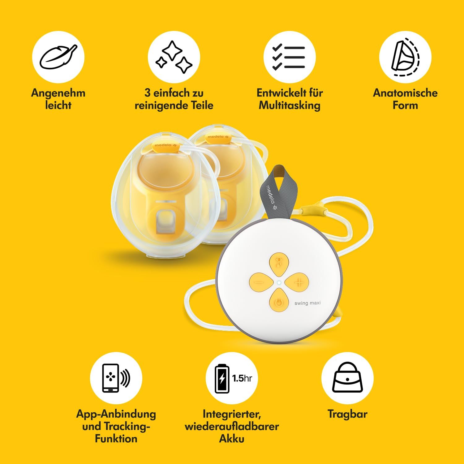 Doppelmilchpumpe mit zwei Brusthauben und einem weißen Steuergerät mit gelben Knöpfen. Gelber Hintergrund mit Icons.