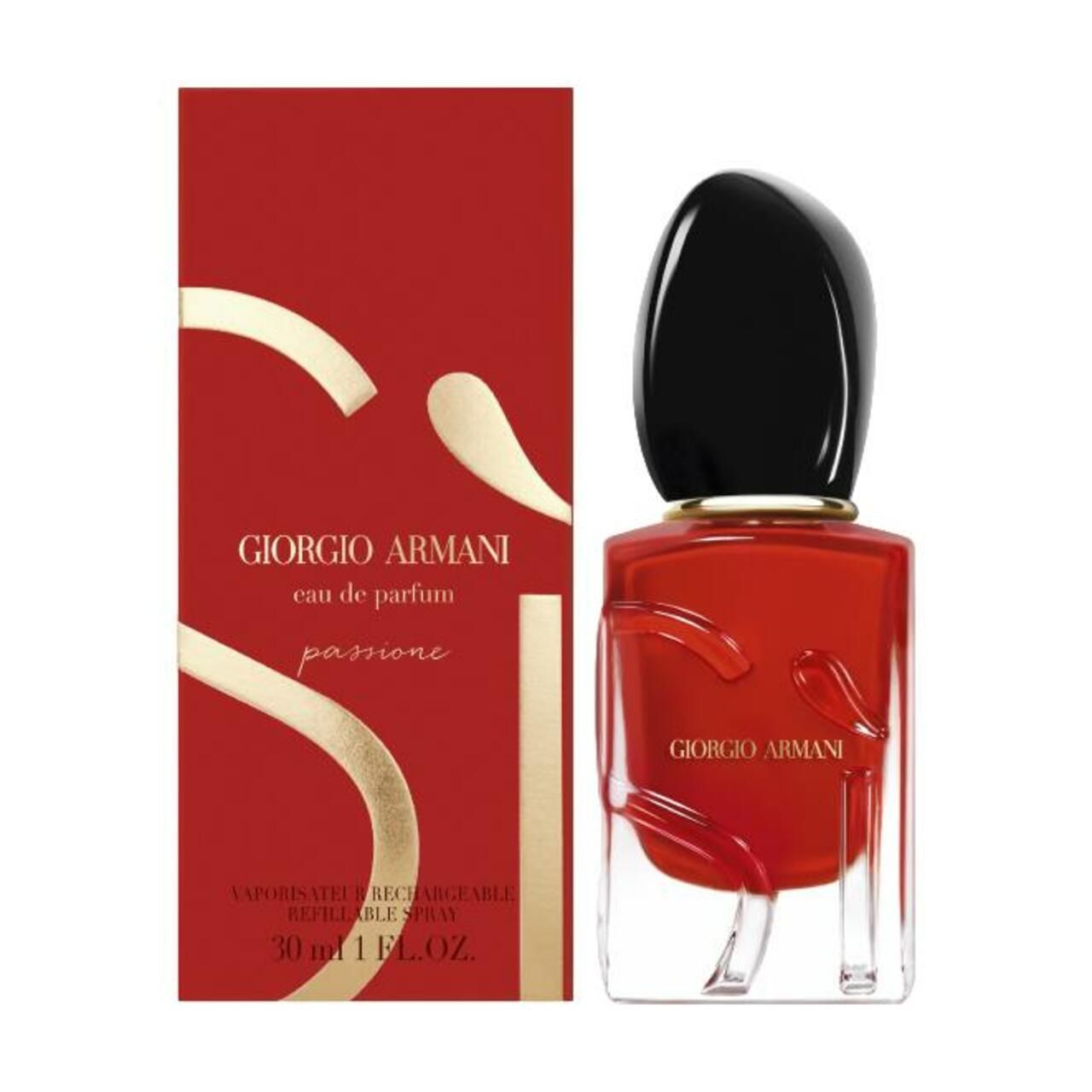 Roter Flakon und Verpackung. Schwarzer Deckel. Giorgio Armani Logo. Text: Sì Passione, Eau de Parfum. 30 ml.