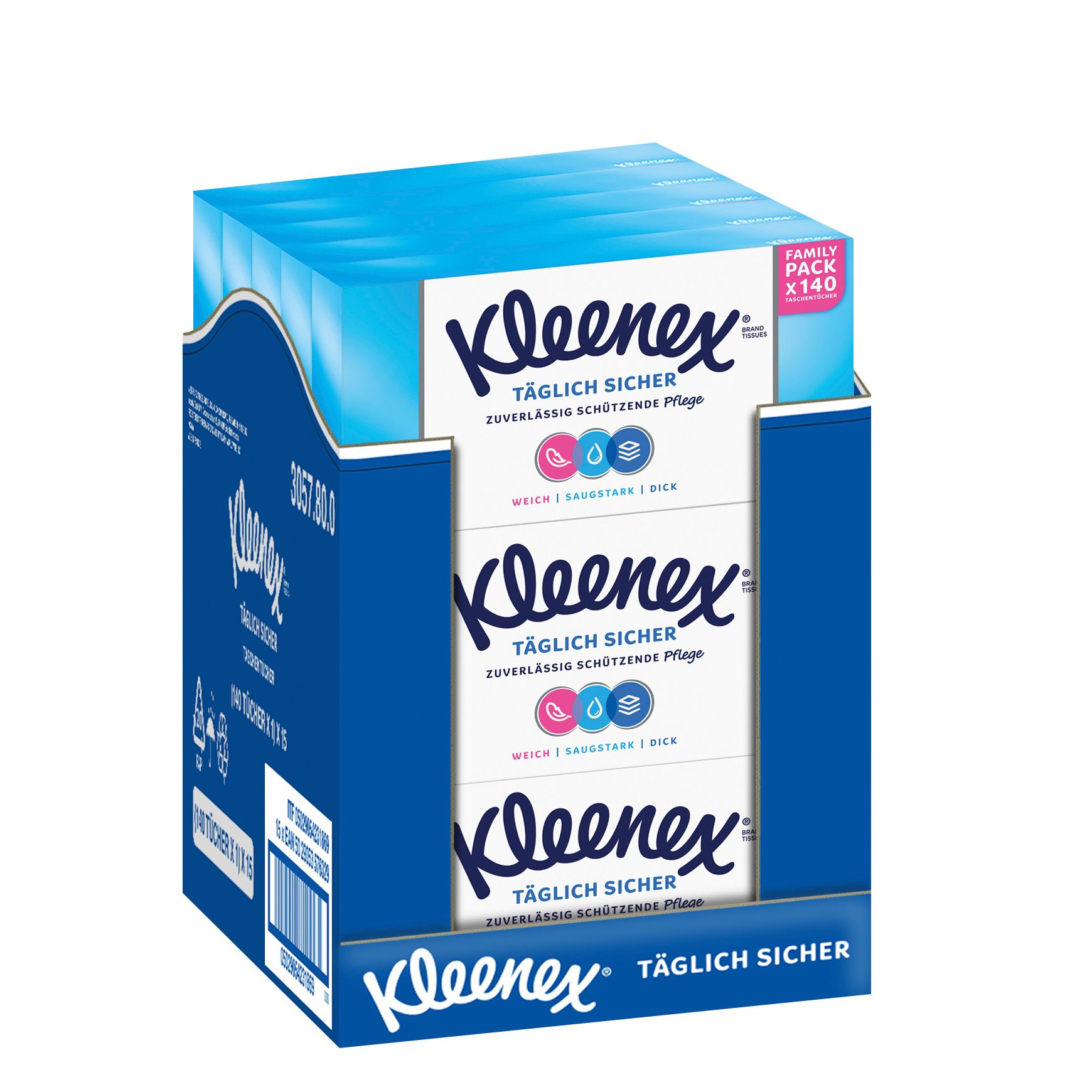 Kleenex Täglich Sicher Taschentücher-Box. Blaue Box mit drei Packungen. Aufdruck: Kleenex, Täglich Sicher, 3-lagig. Family Pack x140.