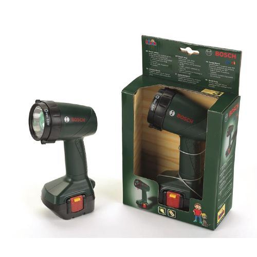 Grüne Akku-Lampe mit rotem Knopf und Bosch-Logo. In Verpackung mit Produktabbildung.