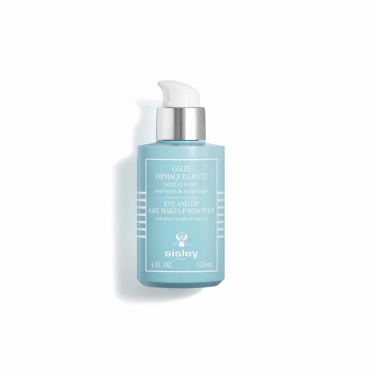 Hellblaues Sisley-Produkt mit silbernem Pumpkopf. Aufschrift: Gelee Demaquillante Yeux et Levres. 120 ml.