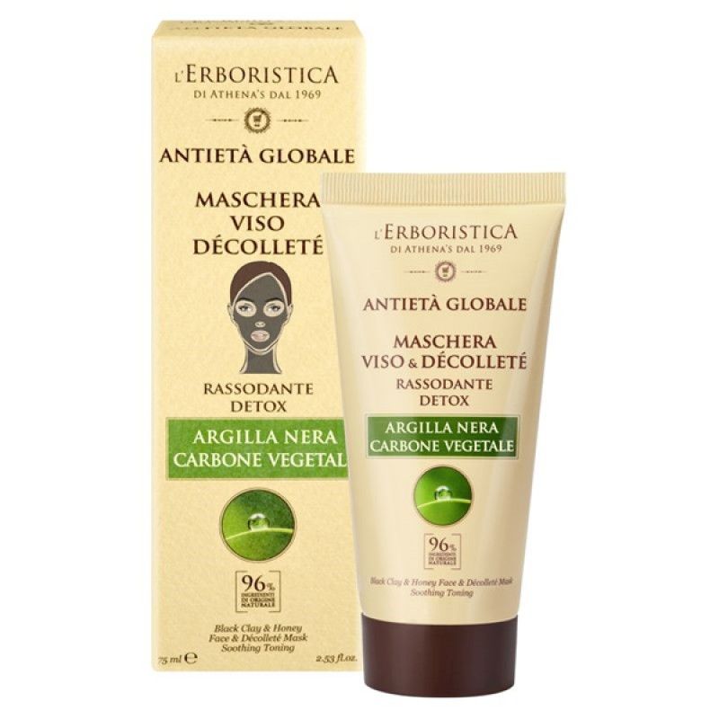 Gesichts- und Dekolleté-Maske in Tube und Karton. Aufschrift: Anti-età Globale, Argilla Nera, Carbone Vegetale. 96% Inhaltsstoffe natürlichen Ursprungs.
