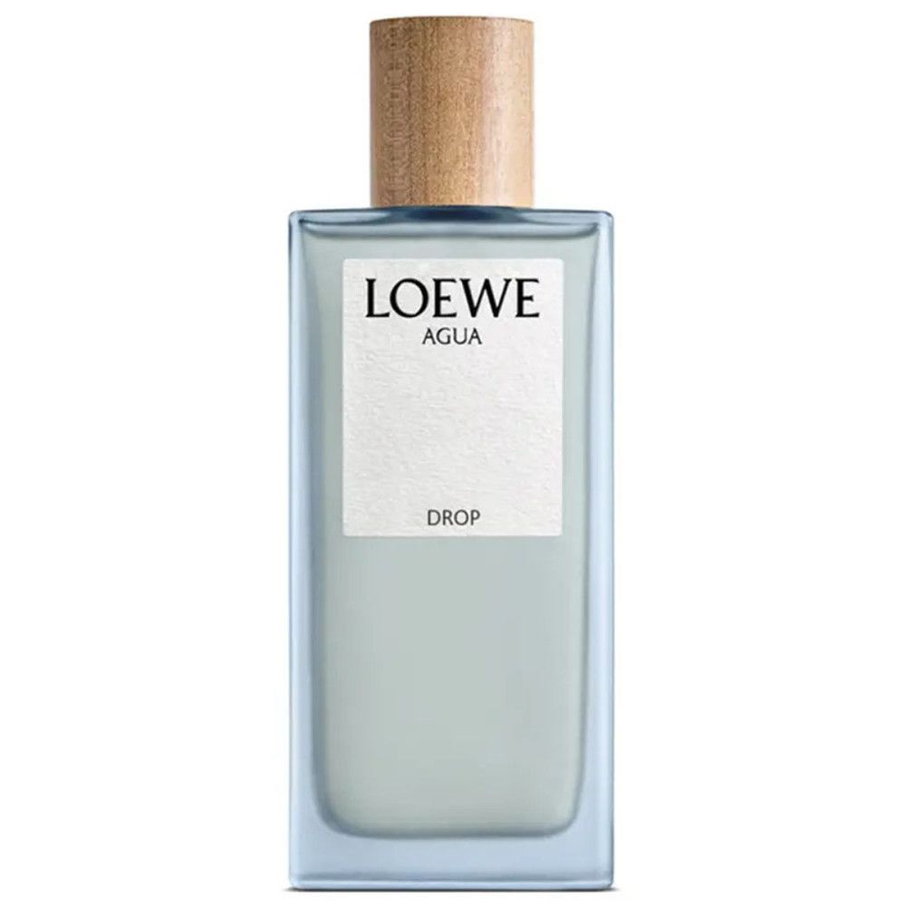 Rechteckige Glasflasche mit hellblauem Inhalt und Holzverschluss. Etikett mit 'LOEWE AGUA DROP'.