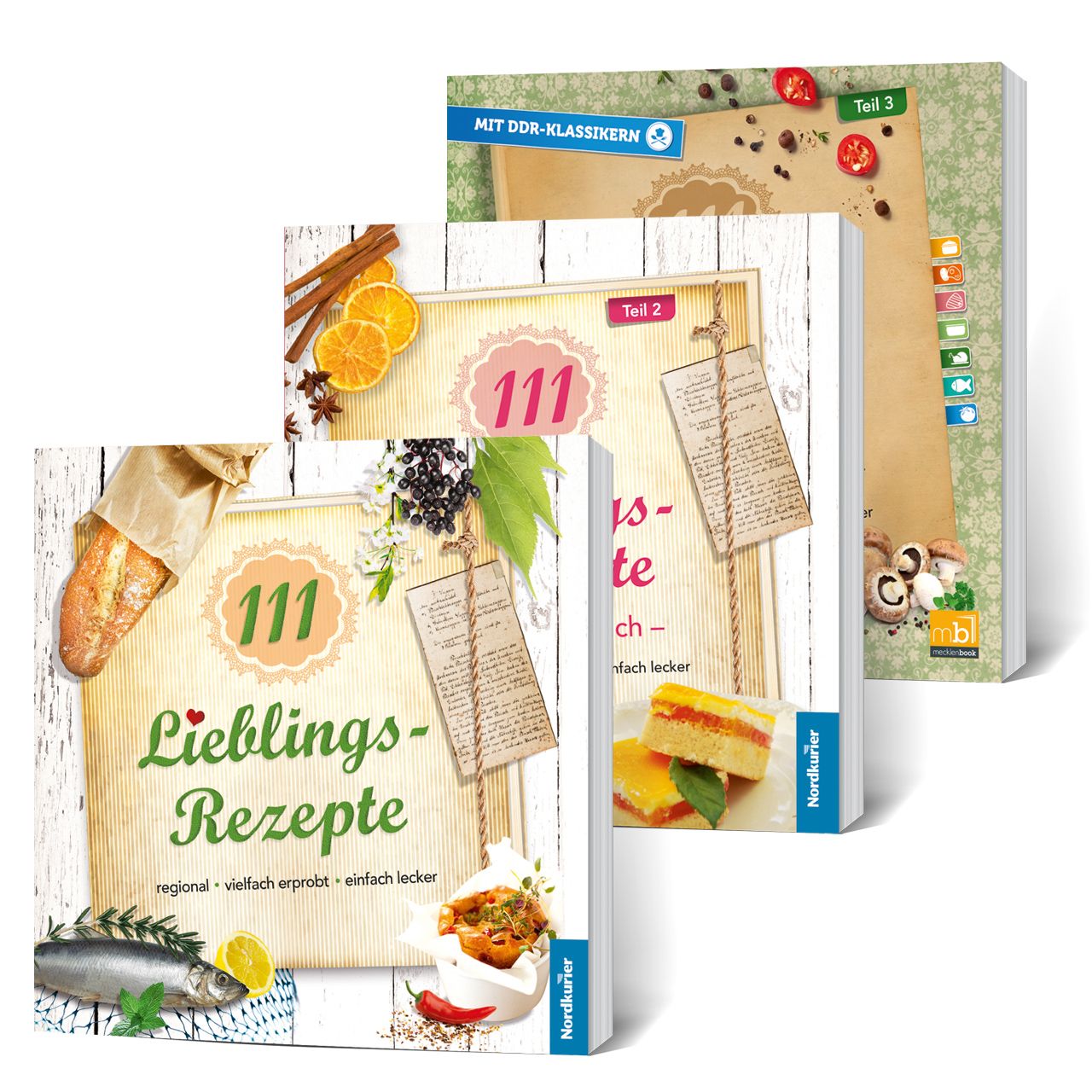 Drei Kochbücher, Titel: Lieblings-Rezepte. Auf den Covern sind Zutaten wie Fisch, Brot, Gewürze und Obst abgebildet.