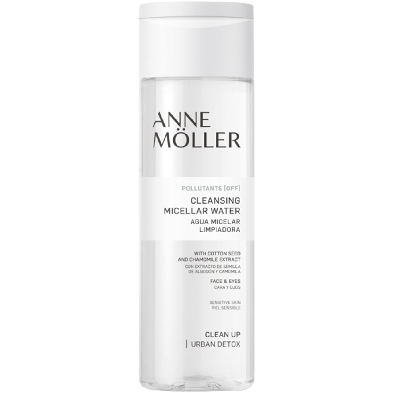 Klare Flasche mit weißem Deckel. Beschriftung: Anne Möller, Cleansing Micellar Water, Agua Micelar Limpiadora.