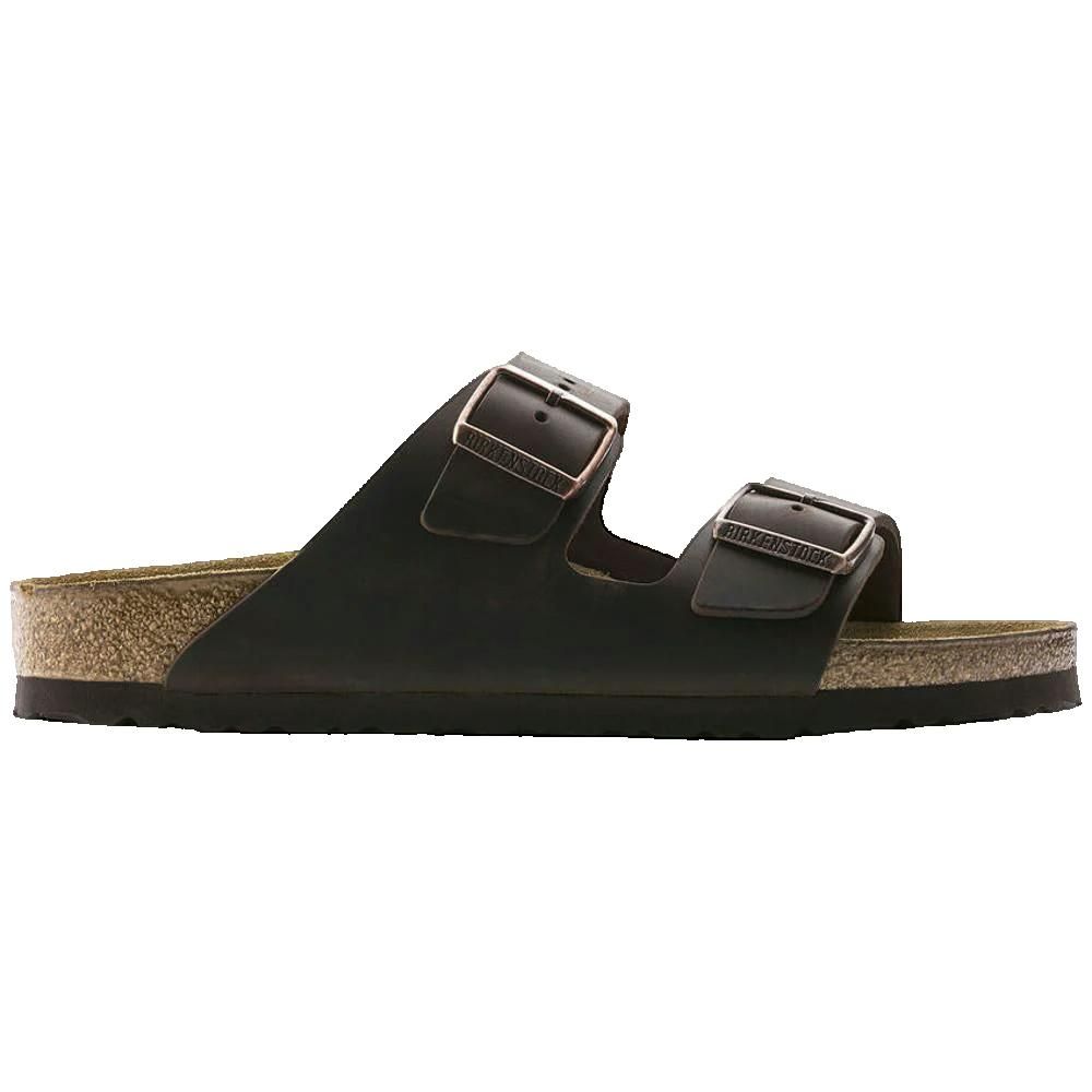 Sandalo Birkenstock Arizona. Pelle marrone scuro, due fibbie, plantare in sughero. Vista laterale.