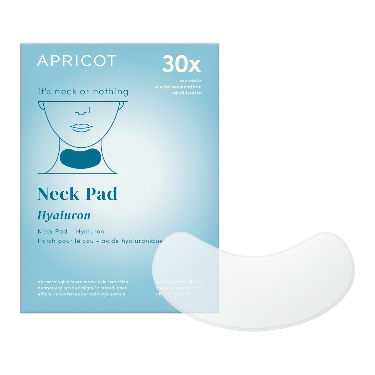 Produkt und Verpackung. Hals-Pad aus Silikon, transparent. Verpackung: APRICOT, Neck Pad Hyaluron. 30x wiederverwendbar. Dermatologisch getestet.