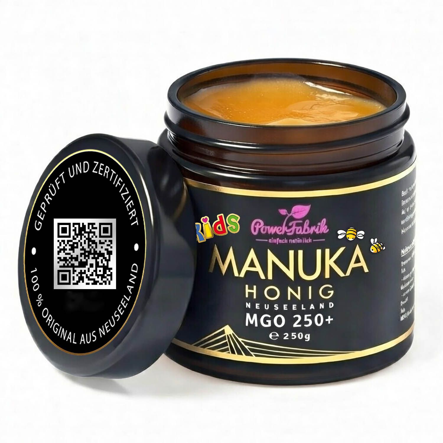 Glas mit Manuka Honig, MGO 250+. Deckel daneben mit QR-Code und Text: Geprüft und Zertifiziert. 100% Original aus Neuseeland.