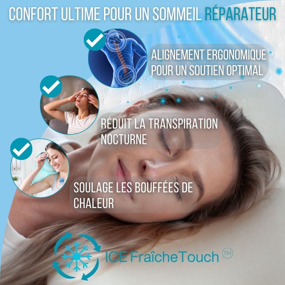 Femme allongée sur un oreiller. Texte : Confort ultime pour un sommeil réparateur. Alignement ergonomique, réduit la transpiration, soulage les bouffées.