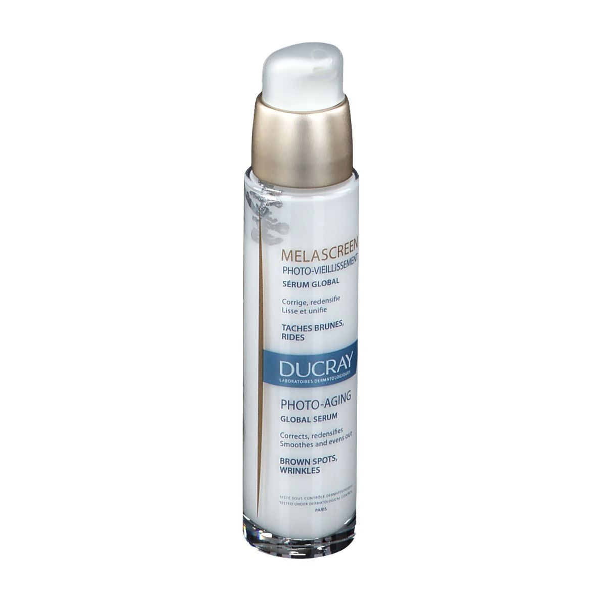 Weiße Flasche mit Pumpe. Aufschrift: MELASCREEN, Photo-Vieillissement Serum Global. Goldfarbener Verschluss.