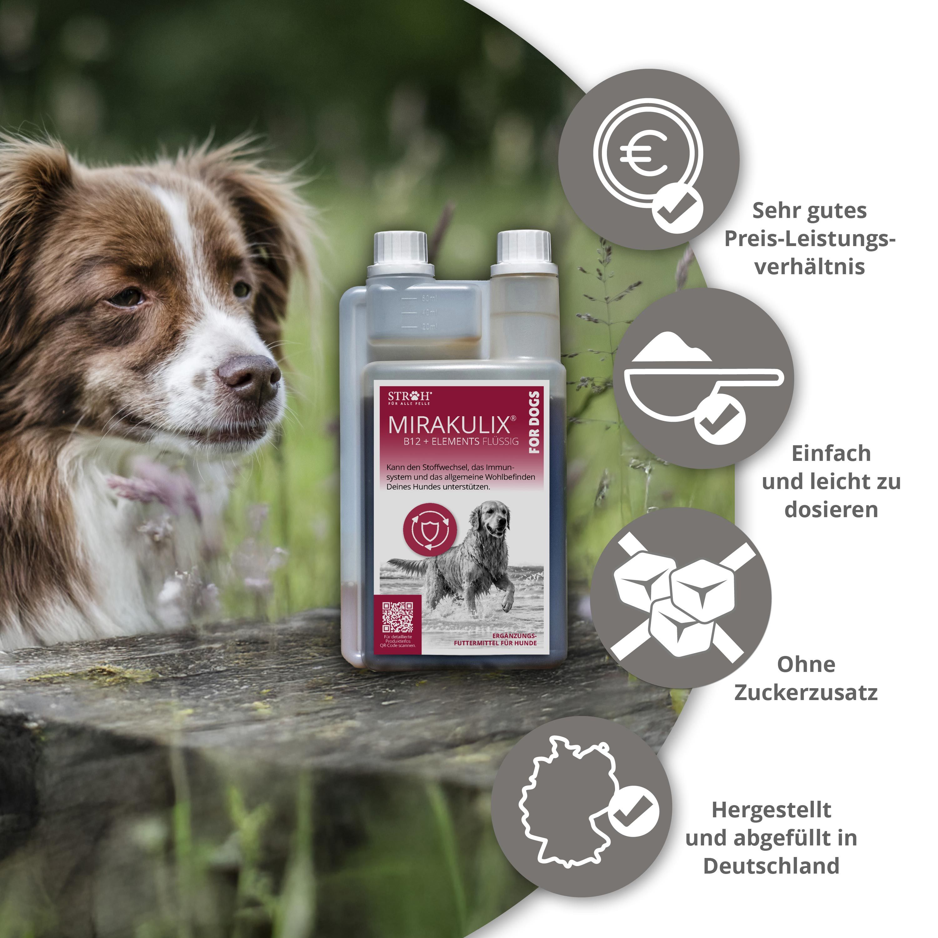 Dosierflasche MIRAKULIX für Hunde neben einem Hund. Grafiken zeigen Vorteile. Hergestellt in Deutschland.