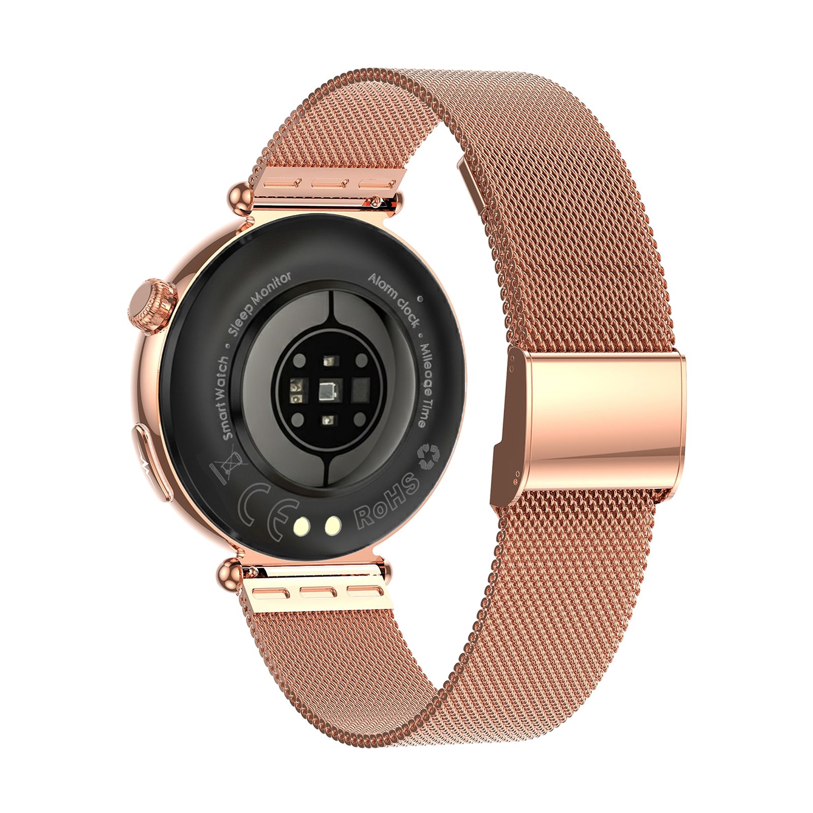 Rückseite einer roségoldfarbenen Smartwatch. Sichtbar: Sensoren, Ladekontakte und Schriftzüge wie "Sleep Monitor" und "Alarm clock".