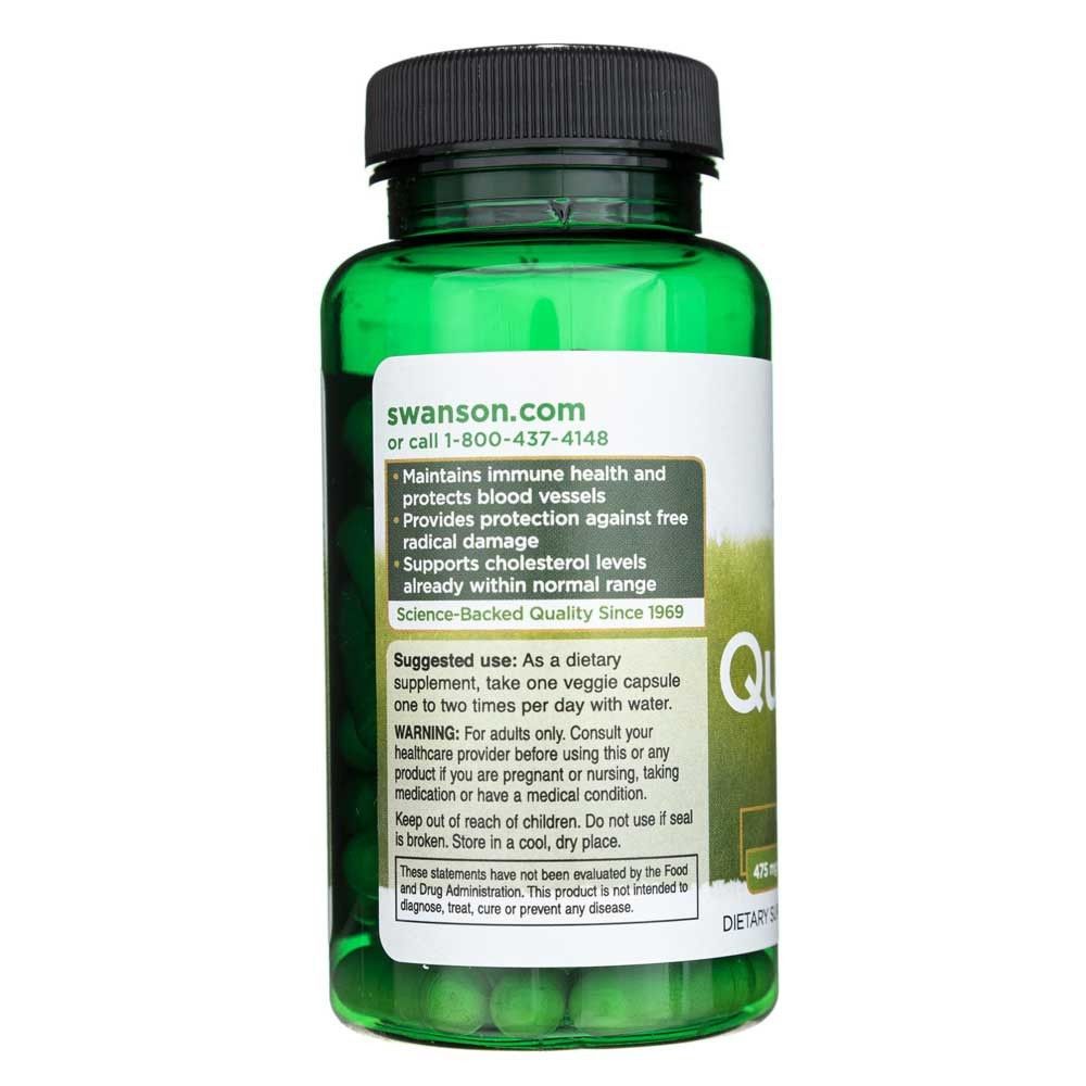 Rückseite einer Flasche Swanson Quercetin mit Anwendungshinweisen und Warnungen.