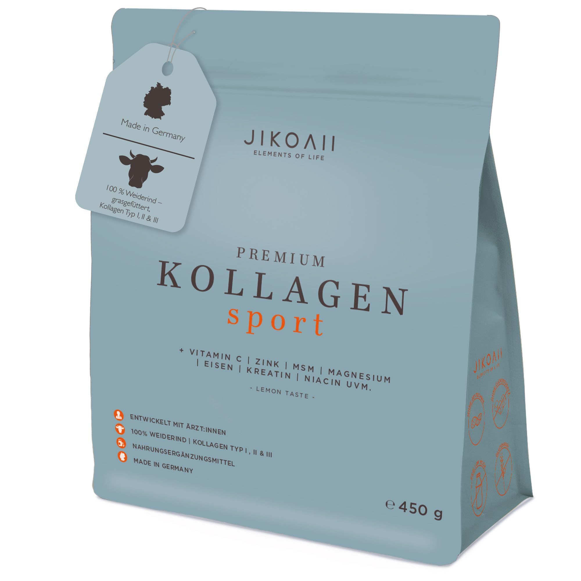 Hellblauer Beutel. Text: JIKOAII Premium Kollagen Sport. Vitamin C, Zink, Eisen, Magnesium, MSH, Kreatin. Made in Germany.