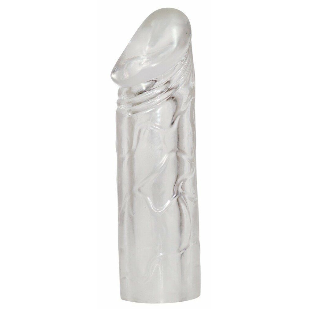 Transparente Penishülle mit geriffelter Oberfläche. Die Form ist anatomisch korrekt.