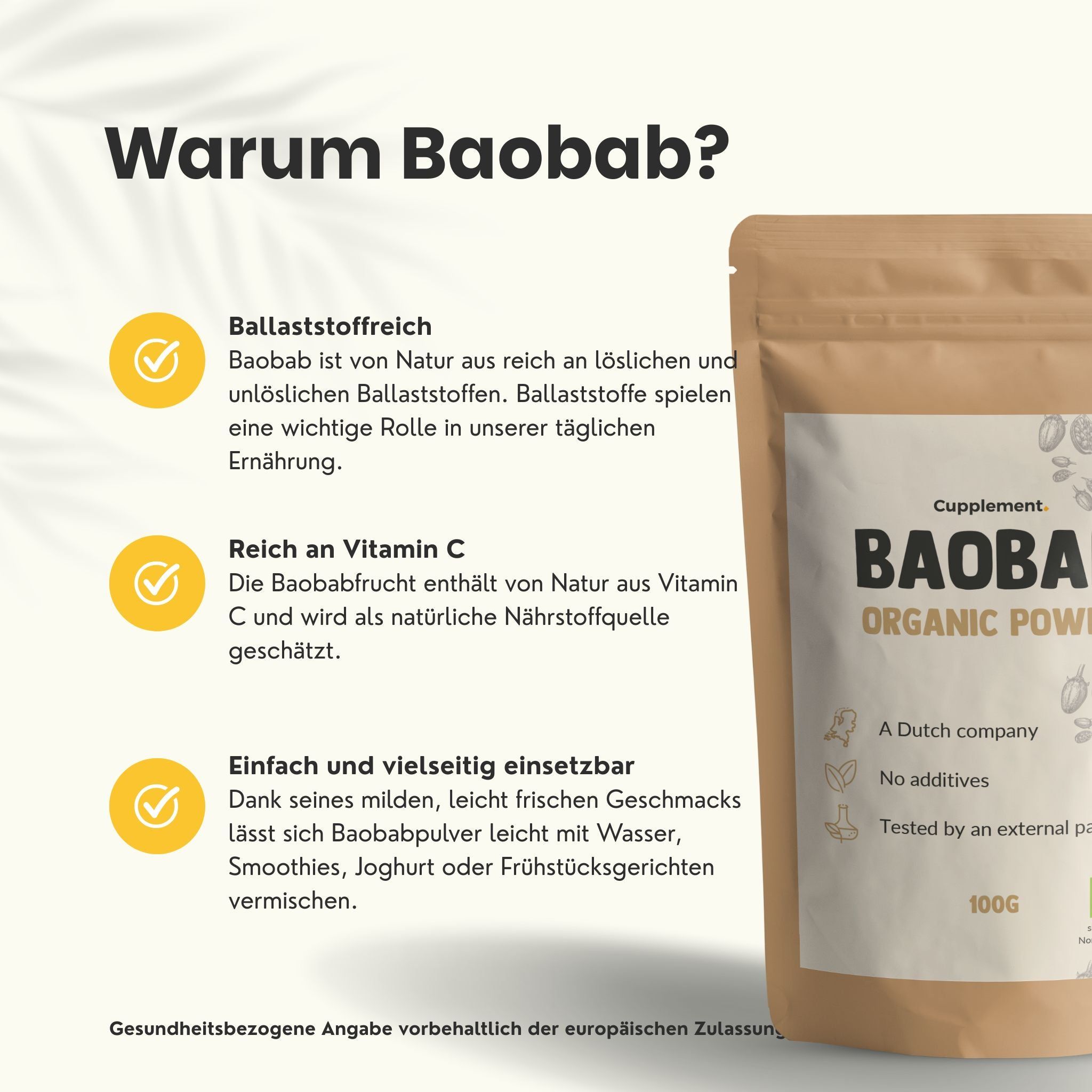 Beutel mit Baobab-Pulver. Text: Warum Baobab? Reich an Vitamin C. Einfach und vielseitig einsetzbar.