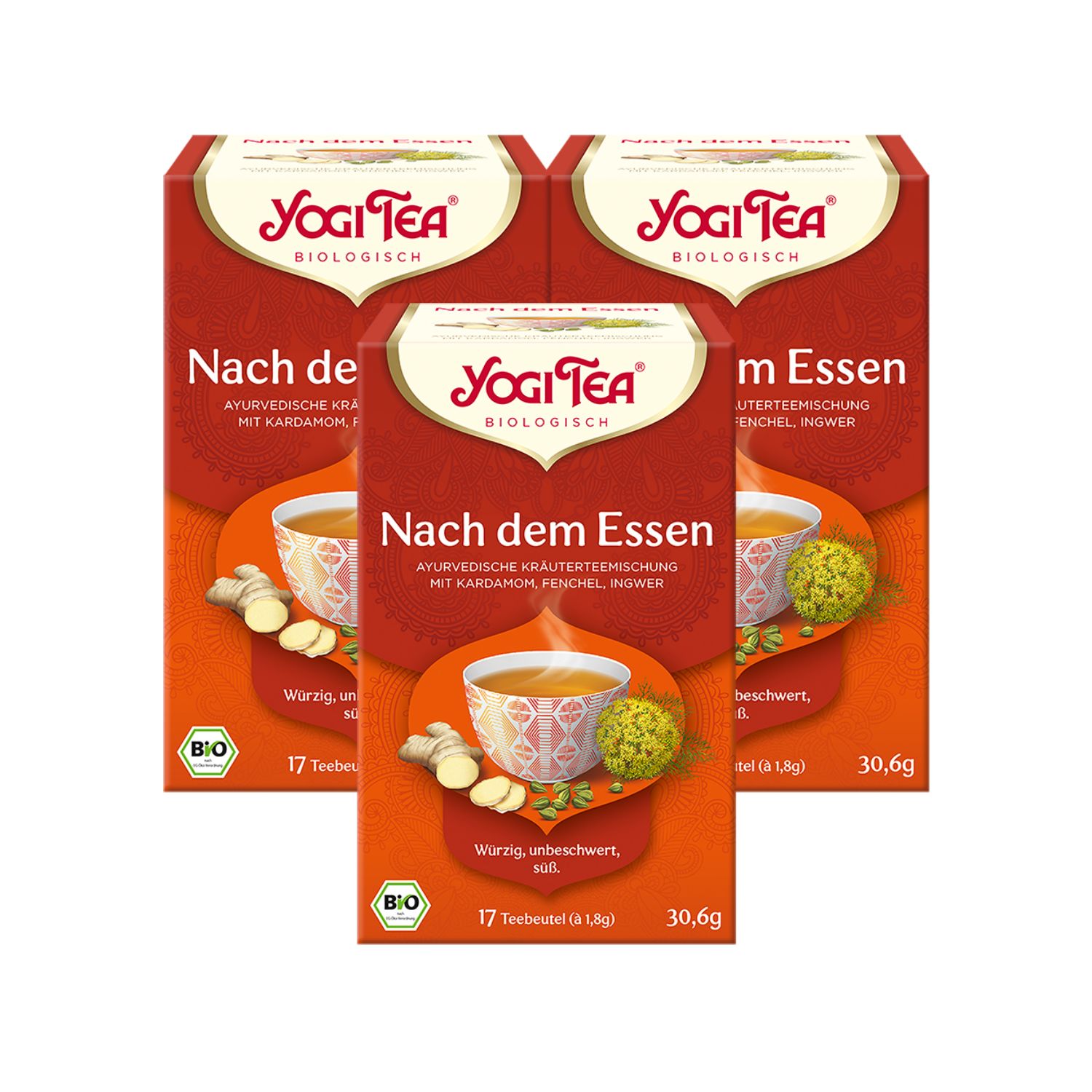 Drei Packungen Yogi Tea Kräuterteemischung. Rote Verpackung mit Logo und Produktbezeichnung. 17 Teebeutel, Bio-Siegel.