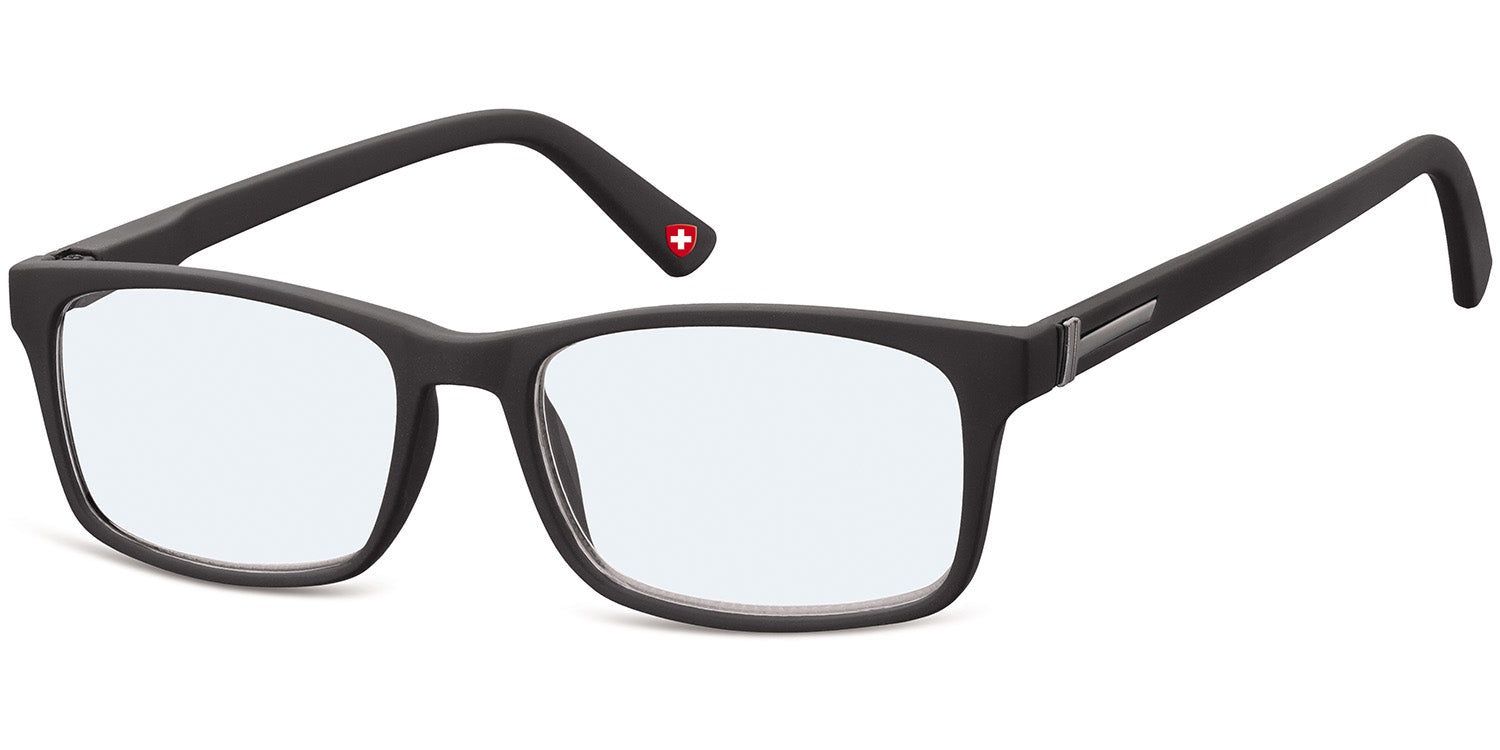 Schwarze Brille mit rechteckigen Gläsern. Schweizer Kreuz auf dem Bügel. Grauer Metallakzent am Scharnier.