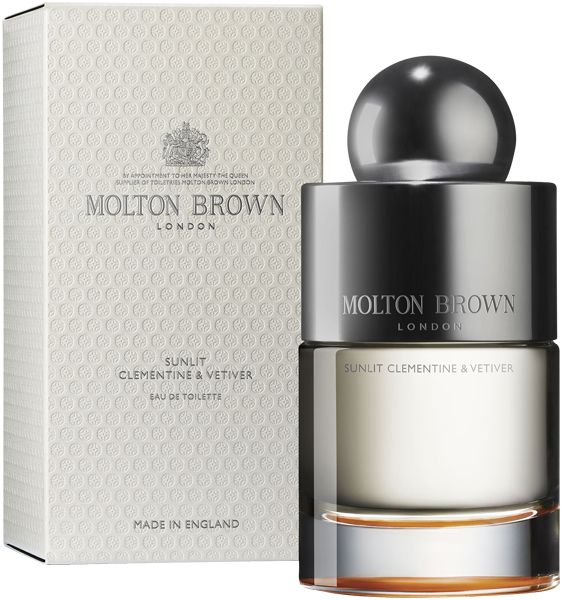 Flakon und Verpackung. Aufschrift: Molton Brown London, Sunlit Clementine & Vetiver. Verpackung: Made in England.