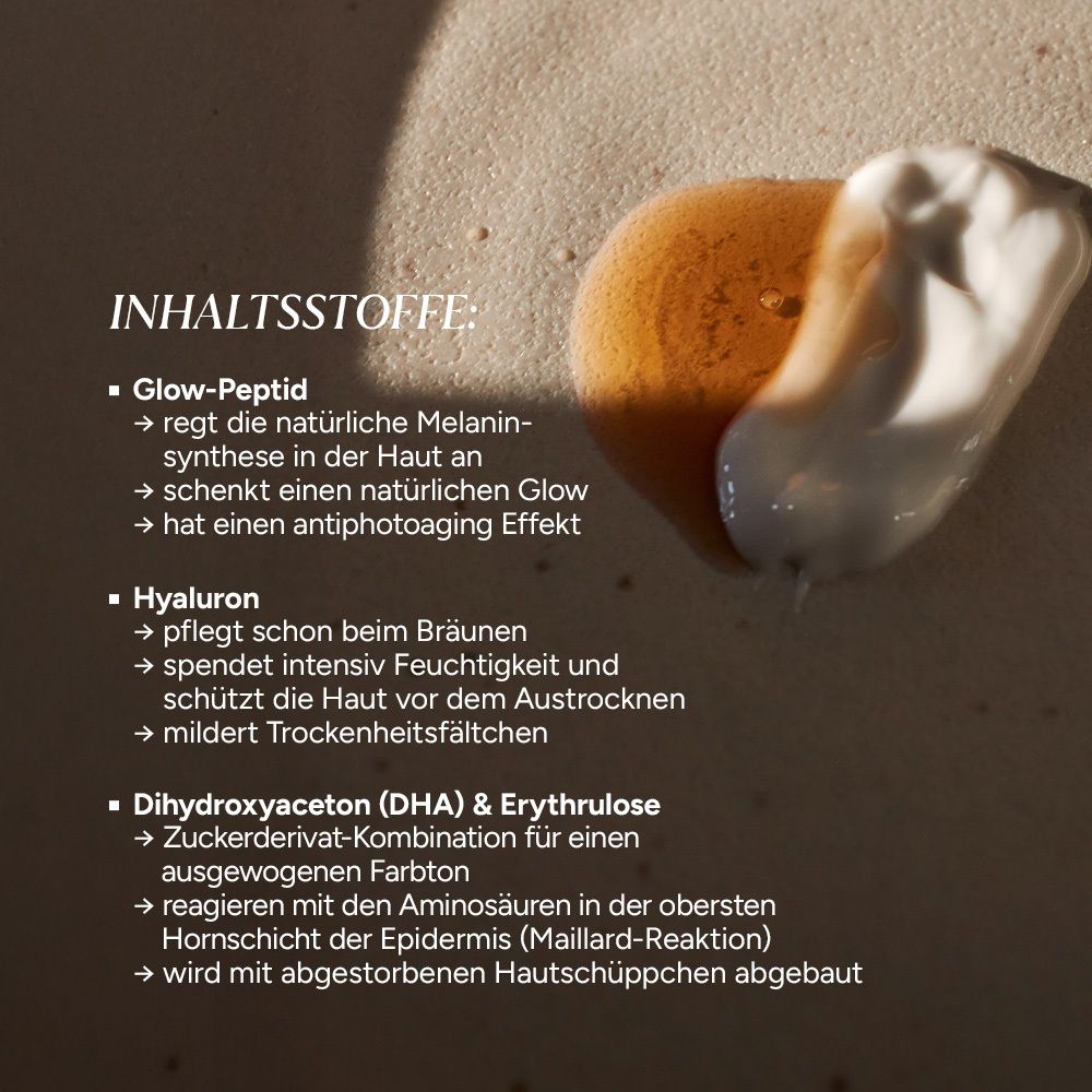 Nahaufnahme von Selbstbräunerkonzentrat und Creme. Text: Inhaltsstoffe: Glow-Peptid, Hyaluron, Dihydroxyaceton & Erythrulose.