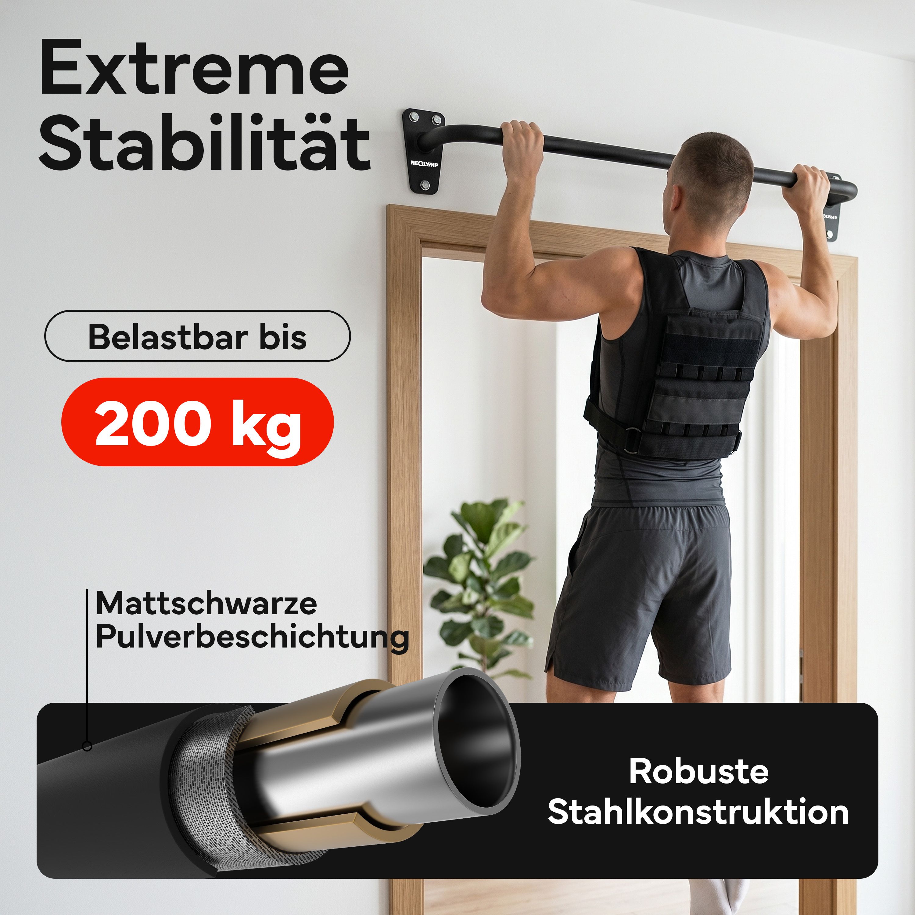Schwarze Klimmzugstange mit robuster Stahlkonstruktion und mattschwarzer Pulverbeschichtung. Belastbar bis 200 kg.