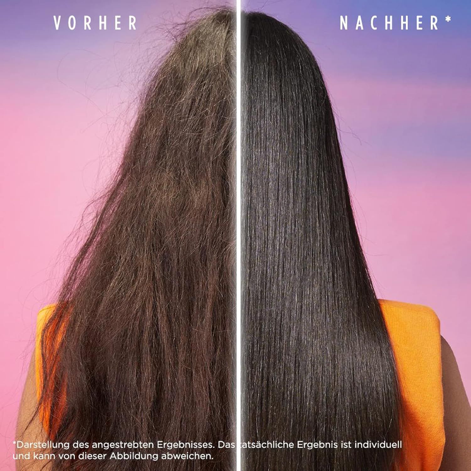 Vergleich von Haaren: Vorher trocken und kraus, nachher glatt und glänzend. Text: "NACHHER" und "VORHER".