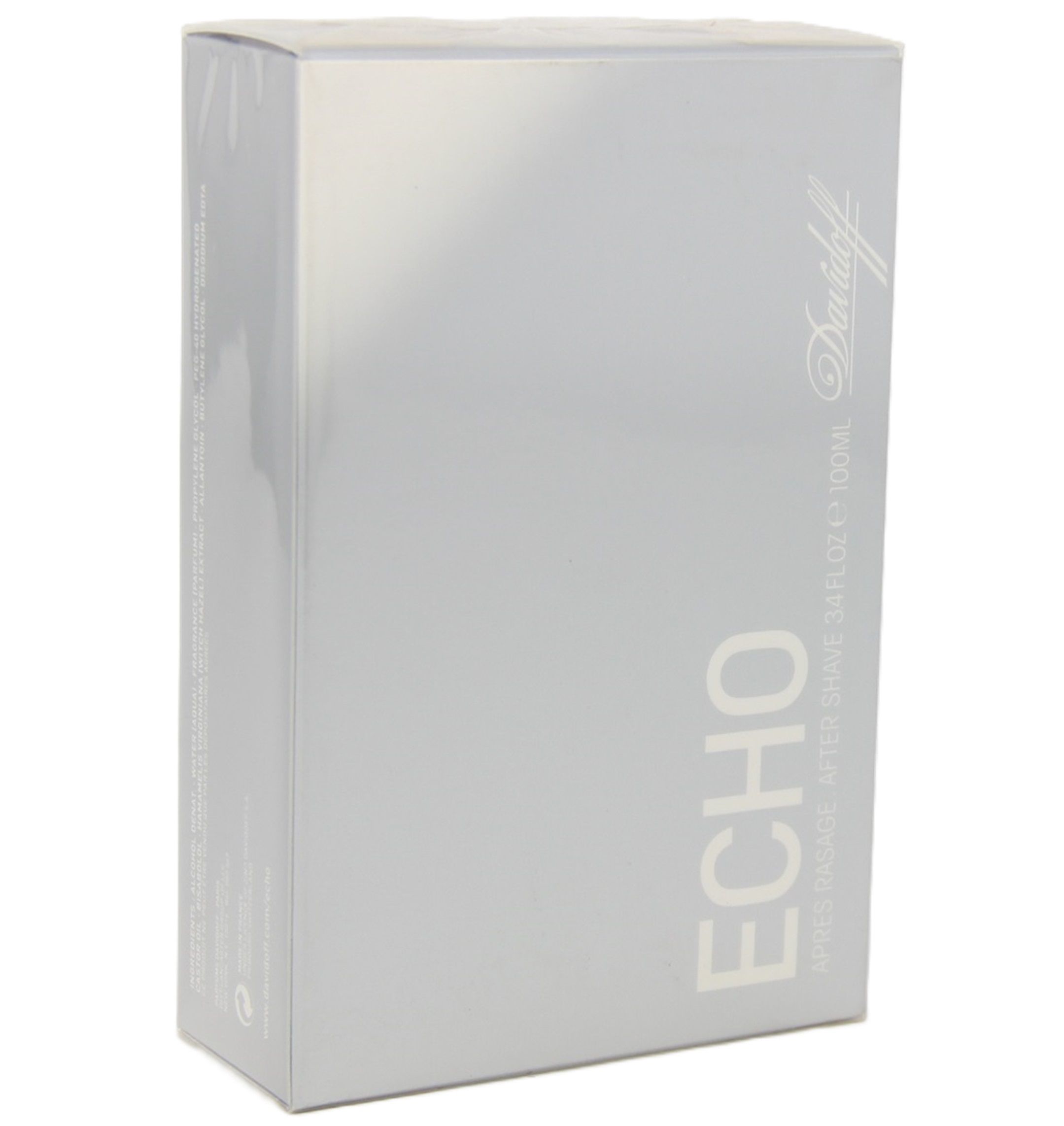 Graue rechteckige Verpackung. Aufschrift ECHO, AFTER SHAVE, Davidoff. 100ml.