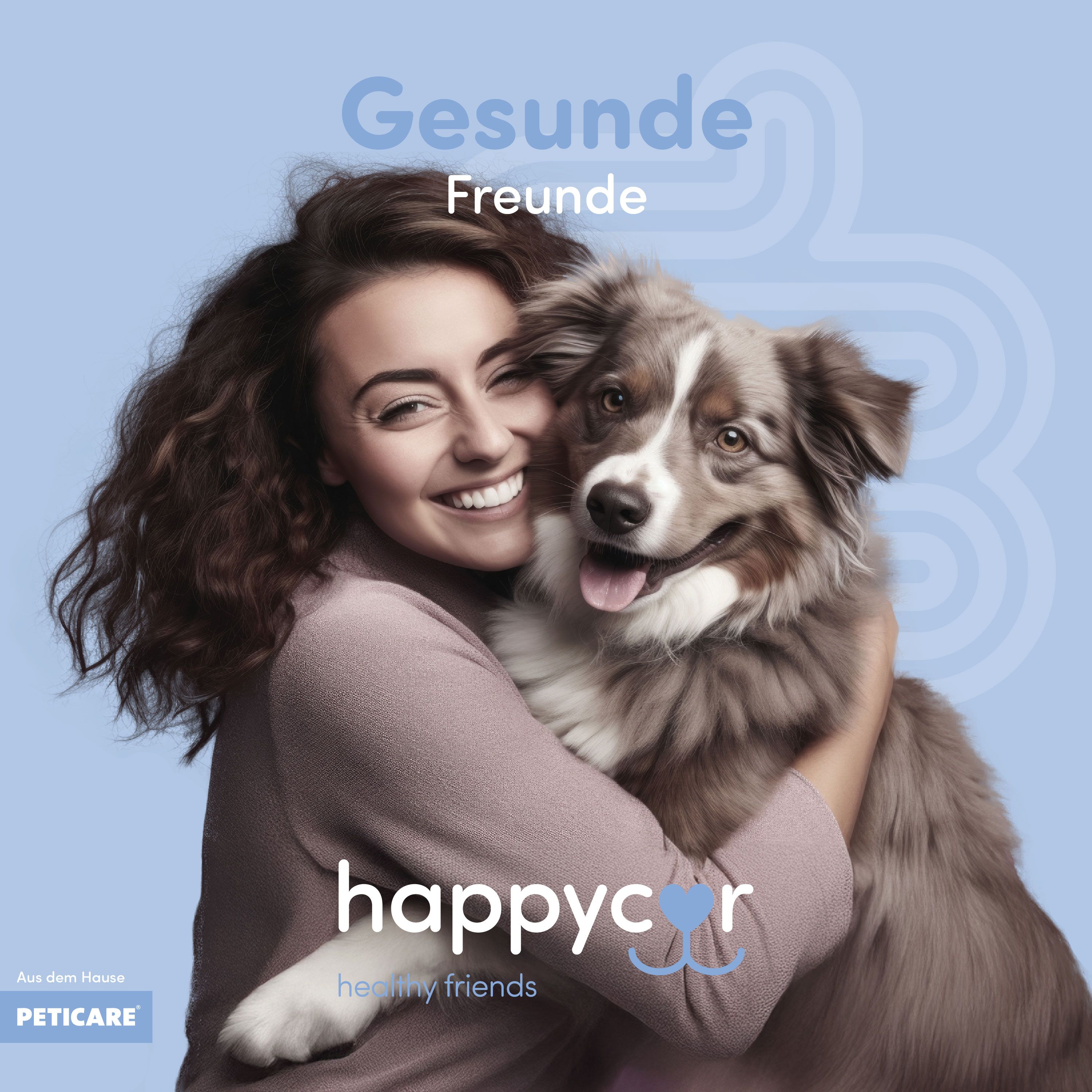 Frau umarmt Hund. Text: Gesunde Freunde, happycor, healthy friends, PETICARE.