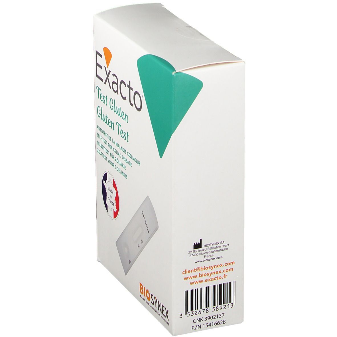 Exacto® Gluten Test-Verpackung, Seitenansicht. Weißer Karton mit Produktnamen, Biosynex-Logo und französischer Flagge. Barcode und Kontaktinformationen.