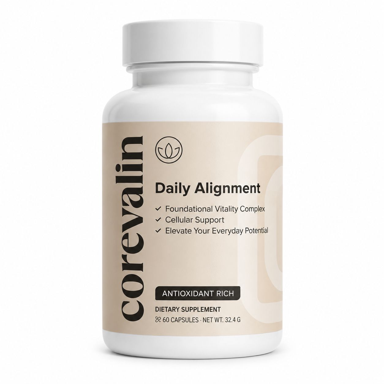 Weiße Pillendose mit dem Etikett 'Daily Alignment' von Corevalin. Enthält 60 Kapseln.