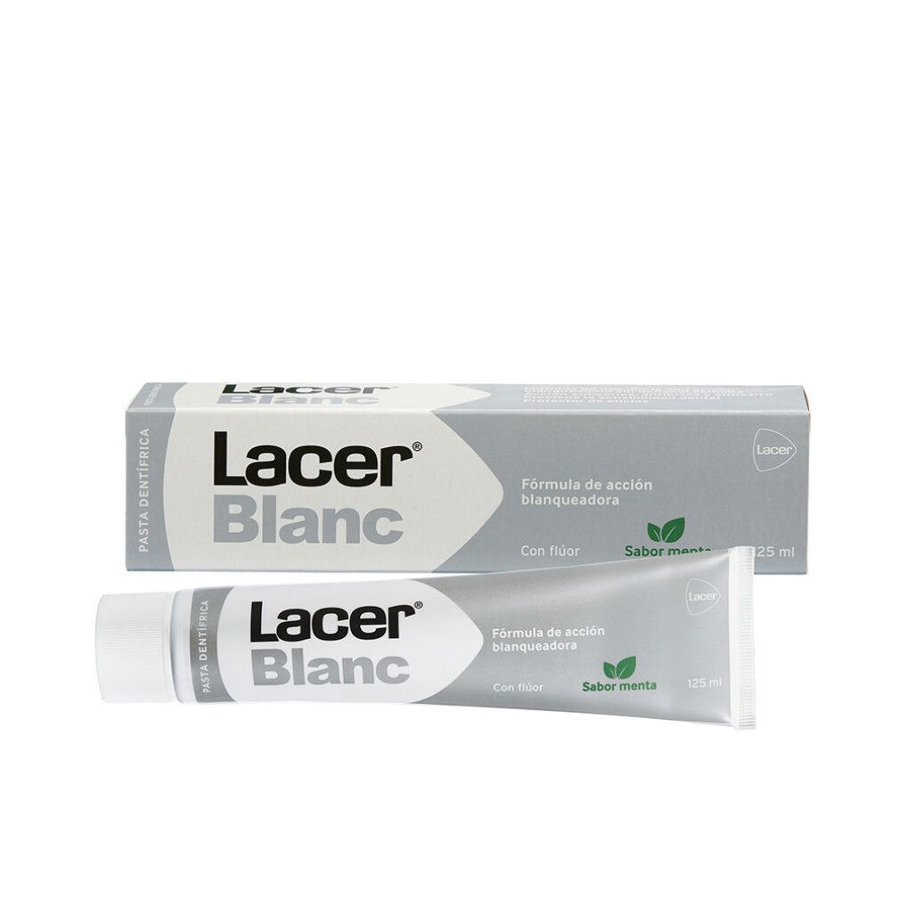 Zahnpasta-Tube und -Schachtel. Aufschrift: Lacer Blanc, d-menta, Formel für tägliche Anwendung. Weiße Tube, graue Schachtel.