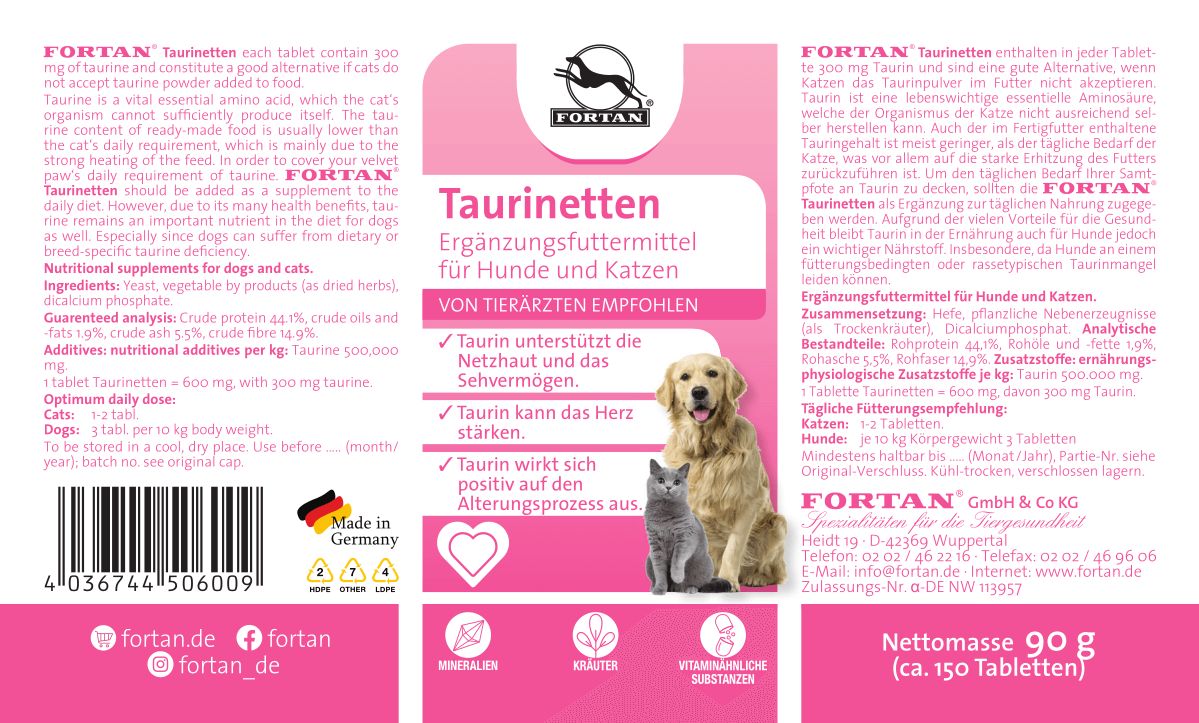 Etikett mit Text und Illustrationen. Aufschrift: FORTAN Taurinetten. Ergänzungsfuttermittel für Hunde & Katzen. Illustration: Hund und Katze. Text in Deutsch.