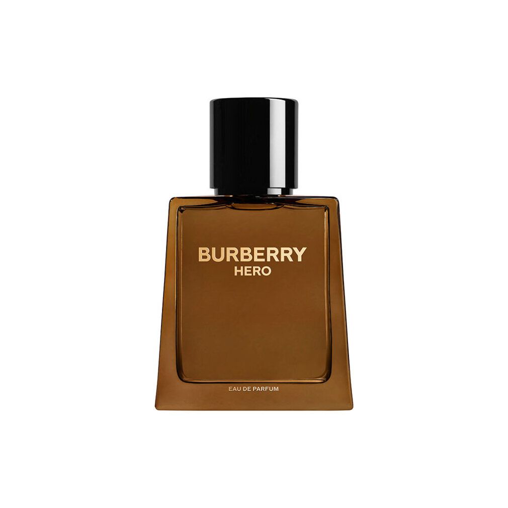 Braune Burberry Hero Flasche mit schwarzem Deckel. Aufschrift: Burberry Hero Eau de Parfum.