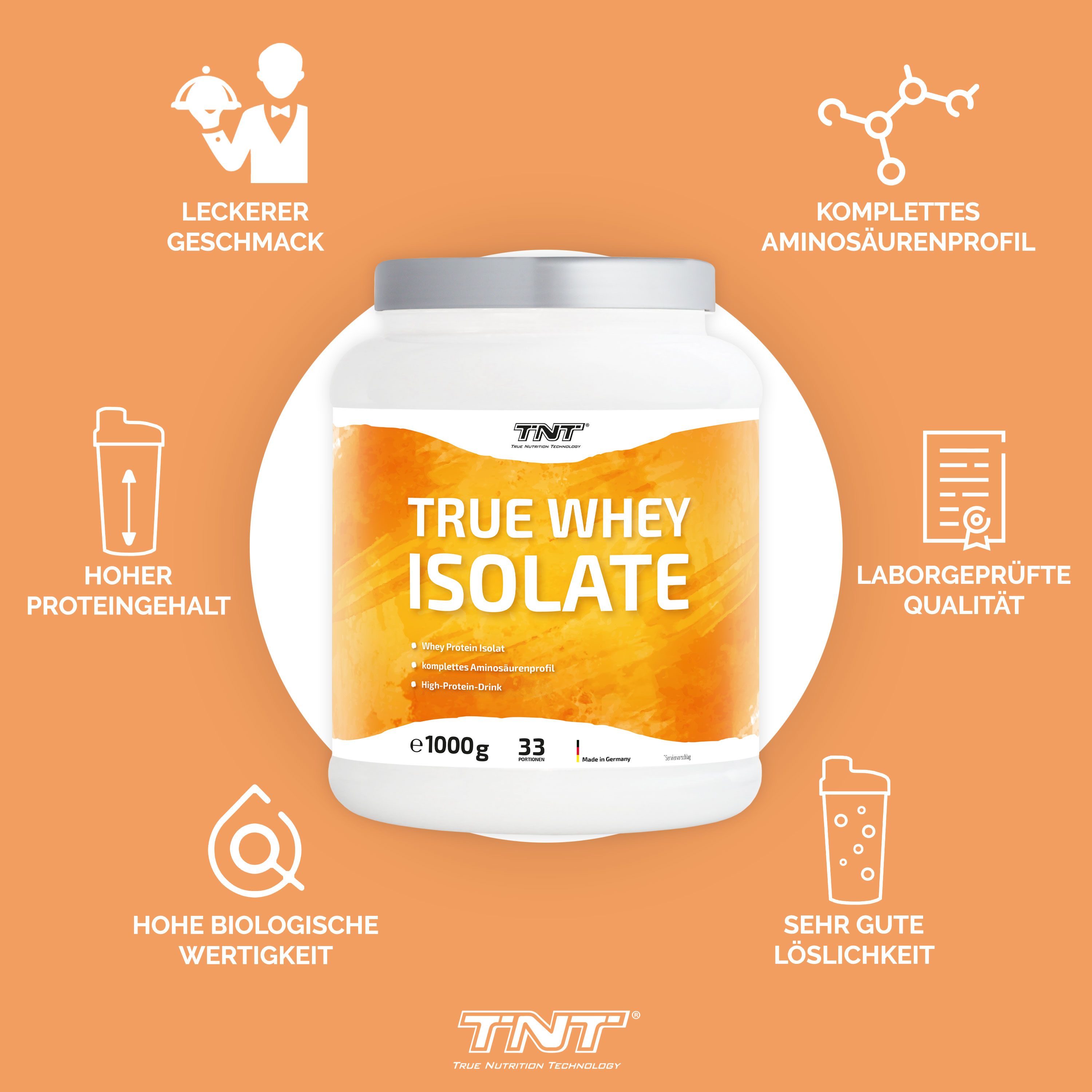 Weißes Proteinpulver-Behälter mit orangefarbenem Etikett. Text: TRUE WHEY ISOLATE, Logos und Icons.