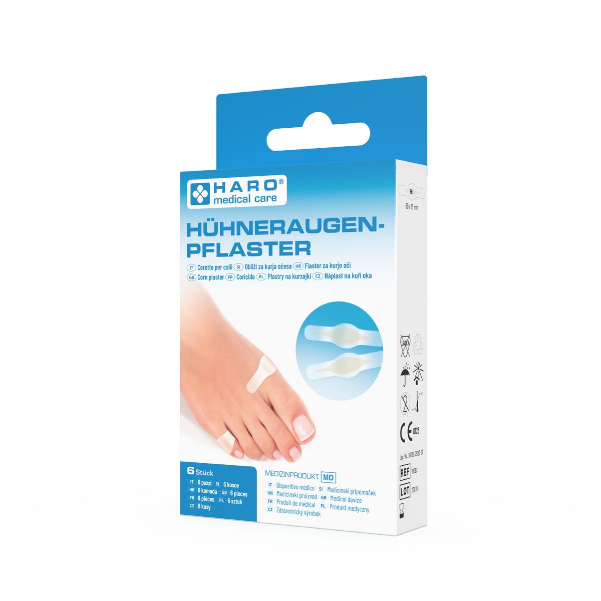 Verpackung mit Haro Hühneraugenpflaster. Enthält 6 Pflaster. Aufdruck: Haro medical care, Hühneraugen-Pflaster. Abbildung eines Fußes mit Pflaster.