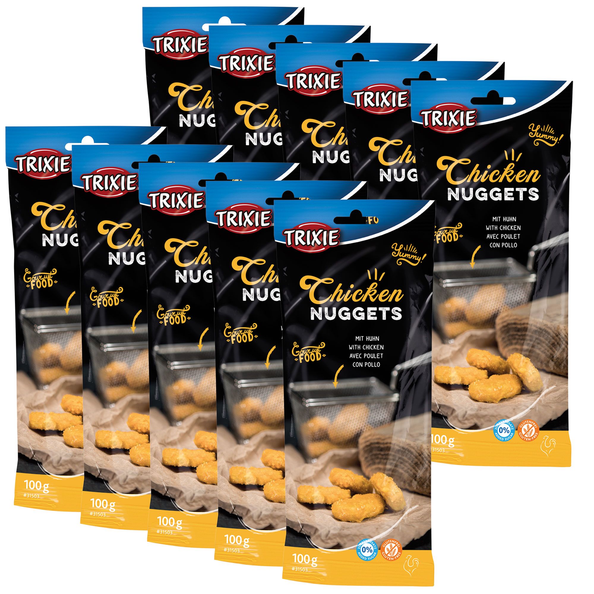 Mehrere Packungen Trixie Chicken Nuggets. Schwarze Verpackung mit Produktnamen und Logo. Einzelne Nuggets im Sichtfenster.