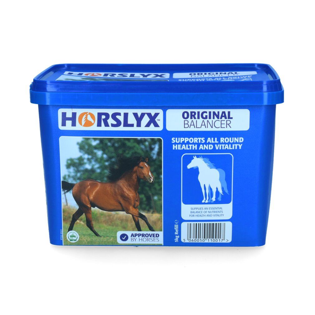 Blauer, rechteckiger Behälter mit 'HORSLYX ORIGINAL'. Bild eines Pferdes. Text: 'Supports all round health and vitality'.