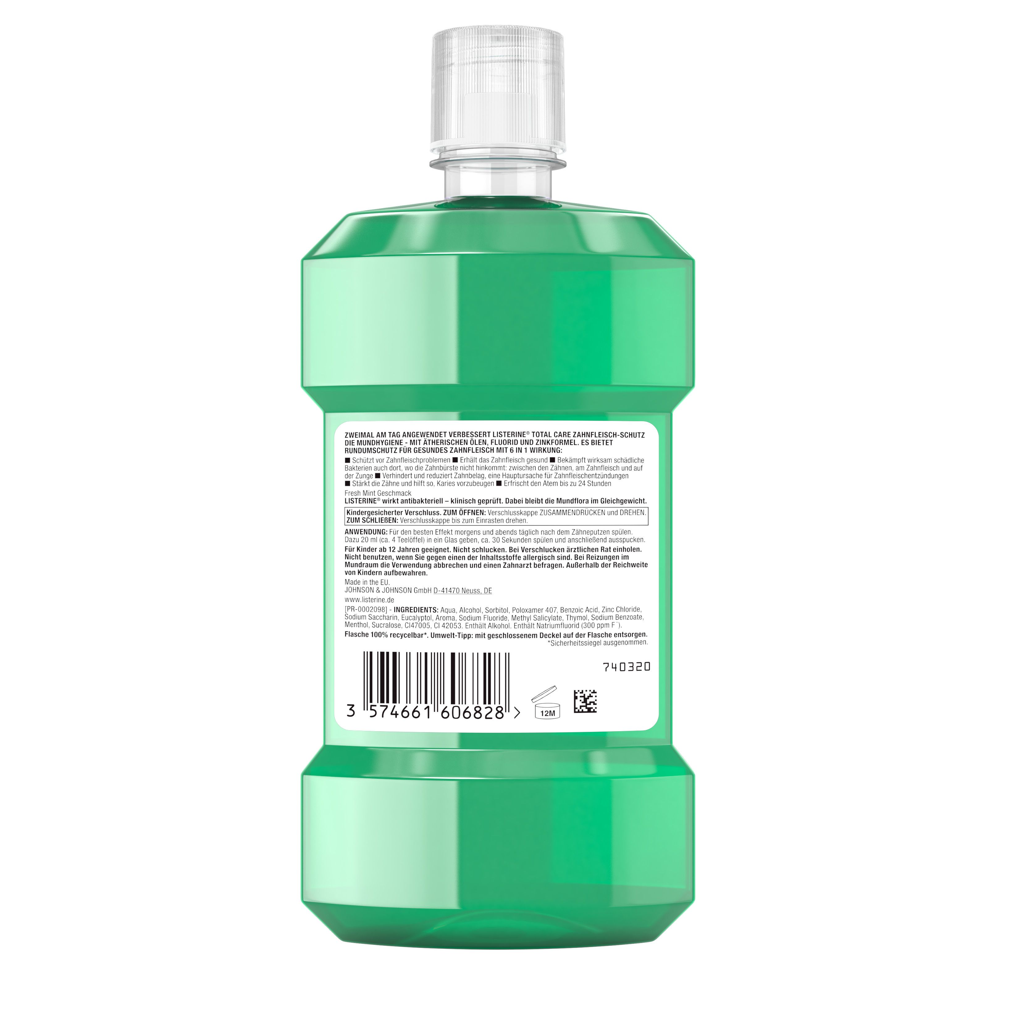 Rückseite einer grünen Flasche Listerine Total Care Zahnfleisch-Schutz. Text und Barcode.