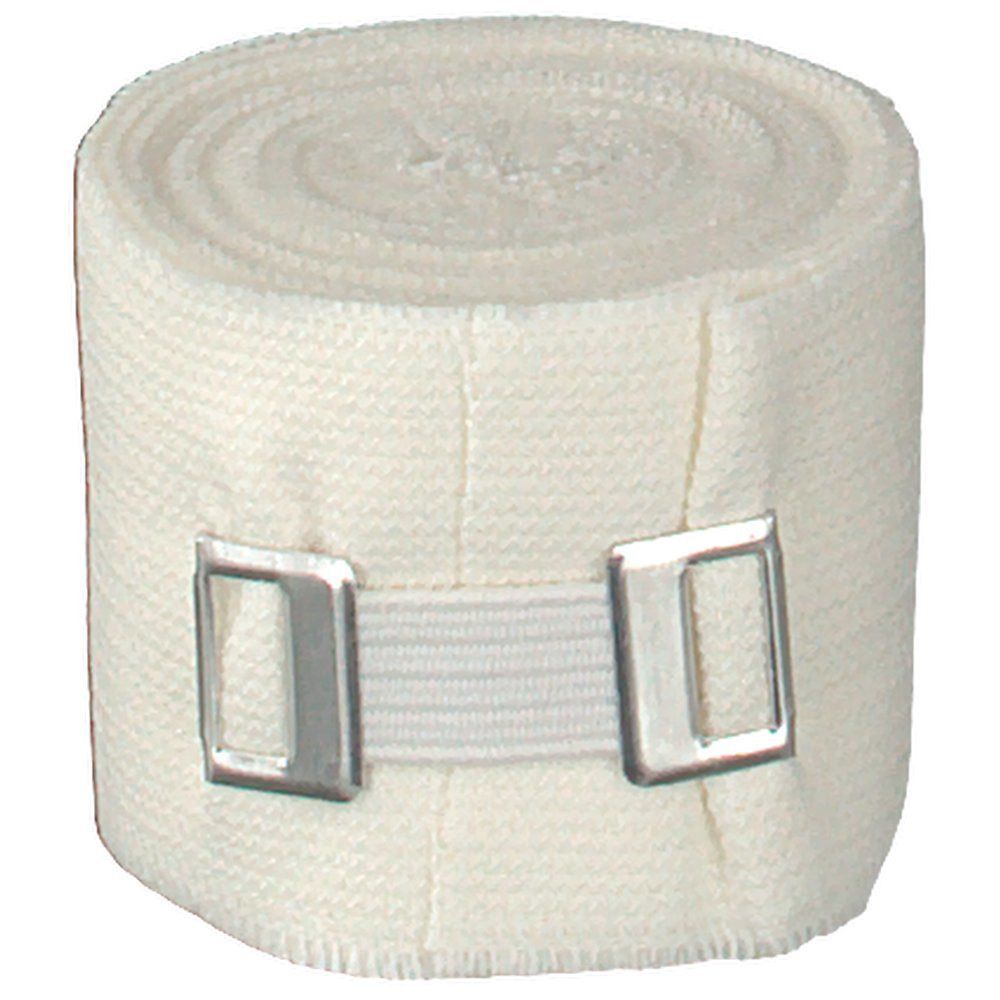 Elastische Bandage, gerollt. Mit zwei Metallklammern und einem elastischen Band zur Fixierung.