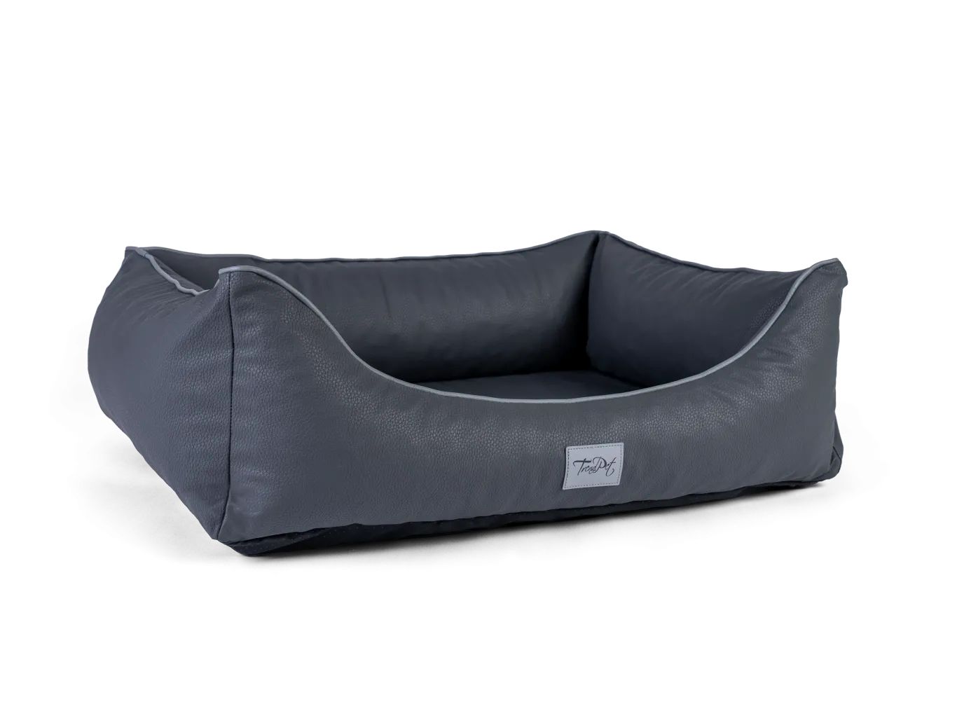 Graues Kunstlederbett für Hunde. Rechteckige Form mit erhöhten Seiten. TrendPet-Logo.