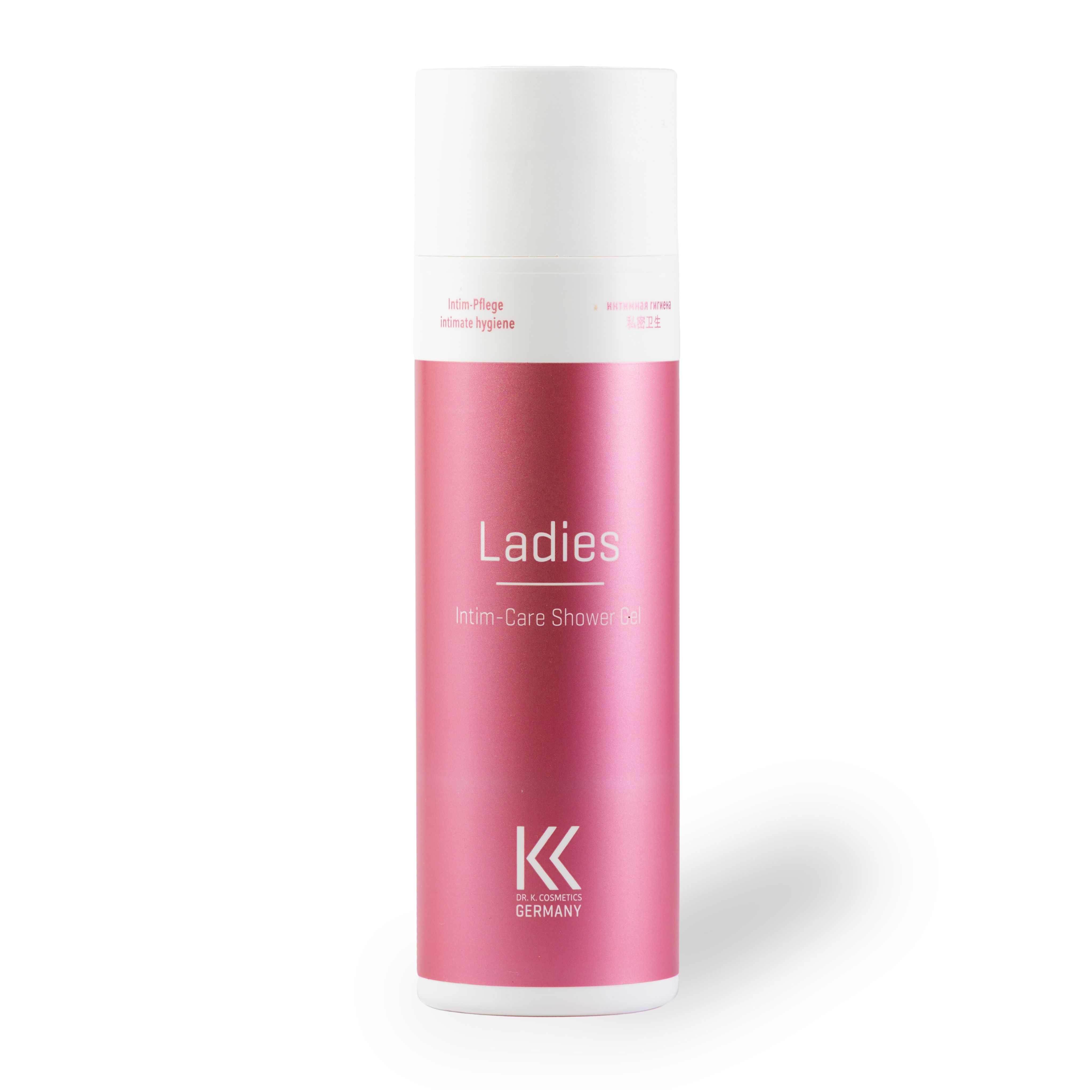 Rosa Flasche mit weißem Deckel. Aufschrift "Ladies Intim-Care Shower Gel" und Logo K.K. Cosmetics Germany.