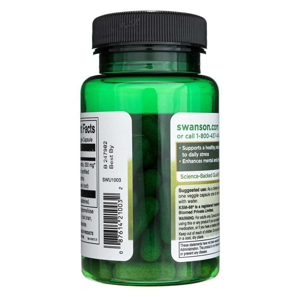 Seite einer grünen Flasche mit Swanson Ultimate Ashwagandha, Swanson.com und Anwendungshinweisen.