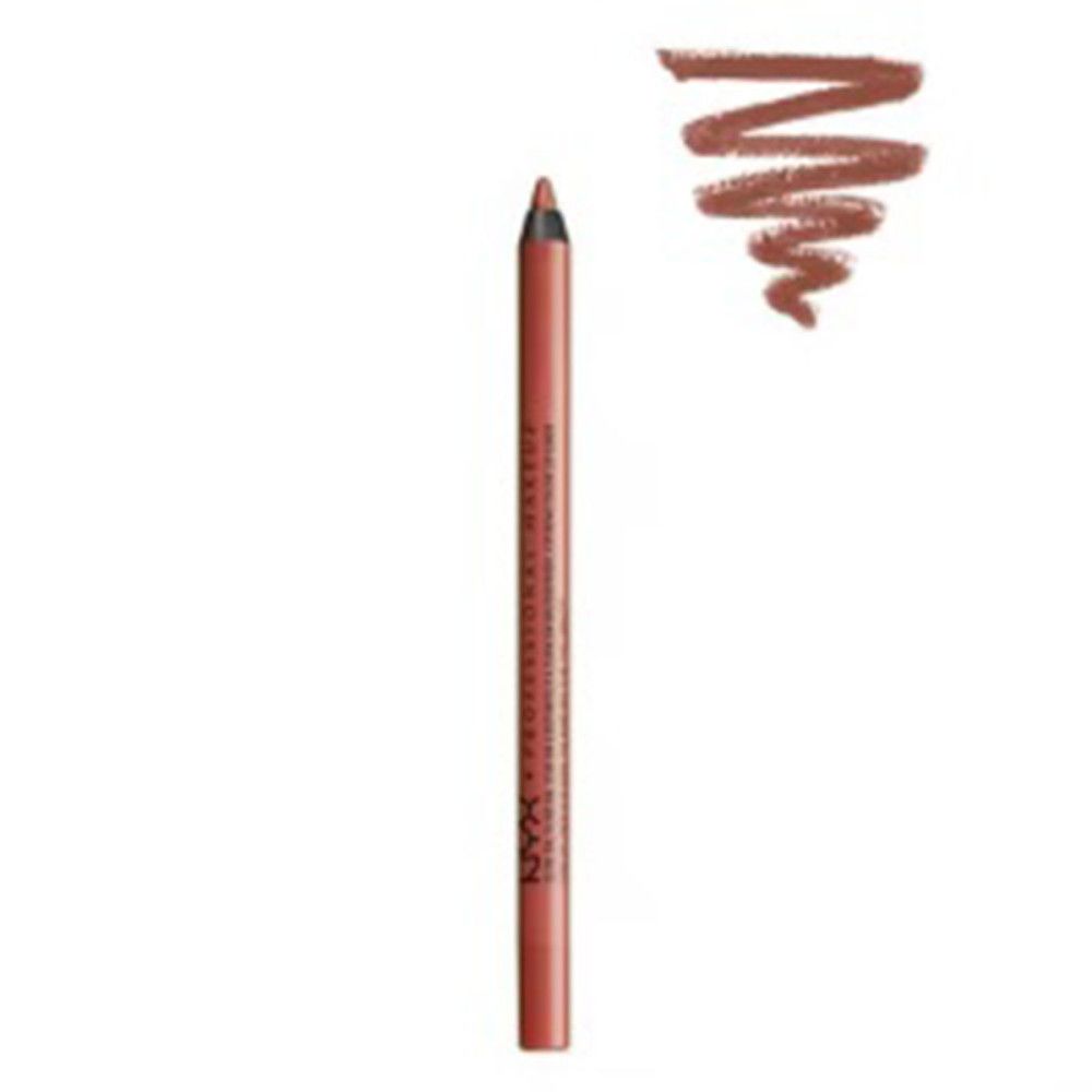 Lippenstift-Stift, rosa-braune Farbe. Daneben ein Farbmuster. Aufschrift: NYX PROFESSIONAL MAKEUP.
