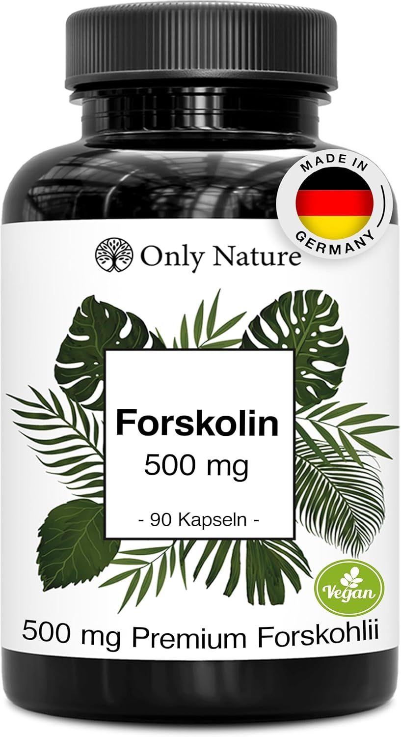 Schwarze Flasche mit weißen Etikett. Aufschrift: Forskolin 500 mg, 90 Kapseln. Mit Vegan-Siegel und Made in Germany.
