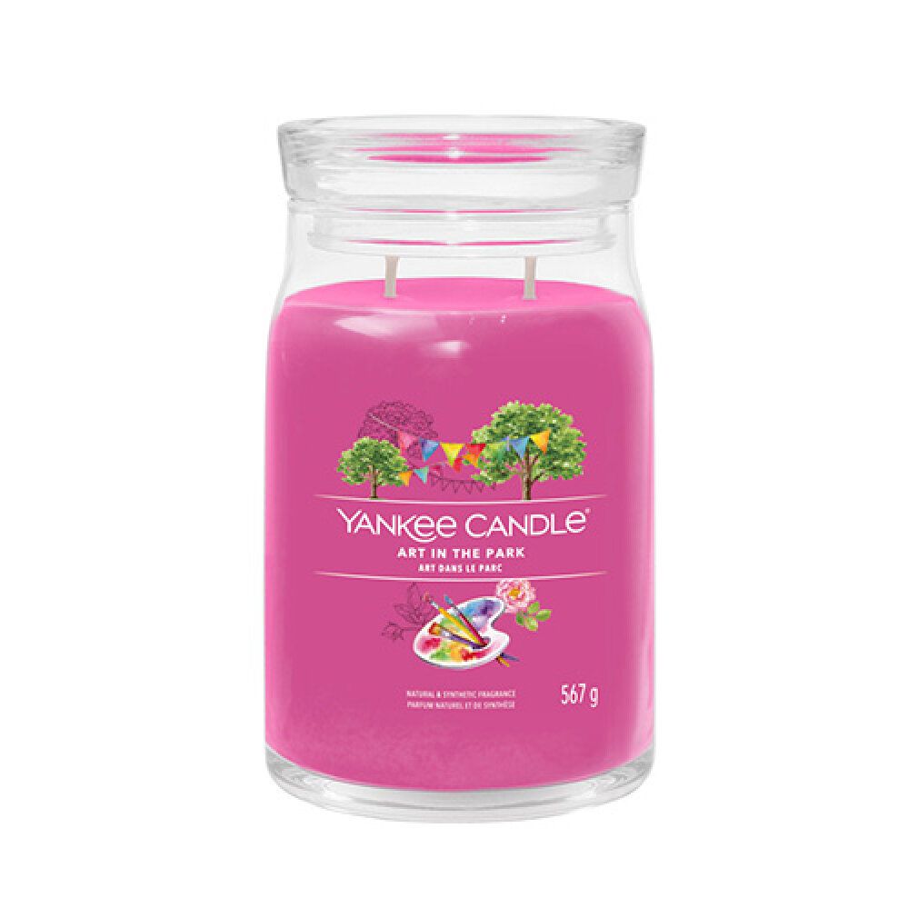 Große, rosa Duftkerze im Glas mit Deckel. Aufschrift: Yankee Candle, Art in the Park. Gewicht: 567 g.