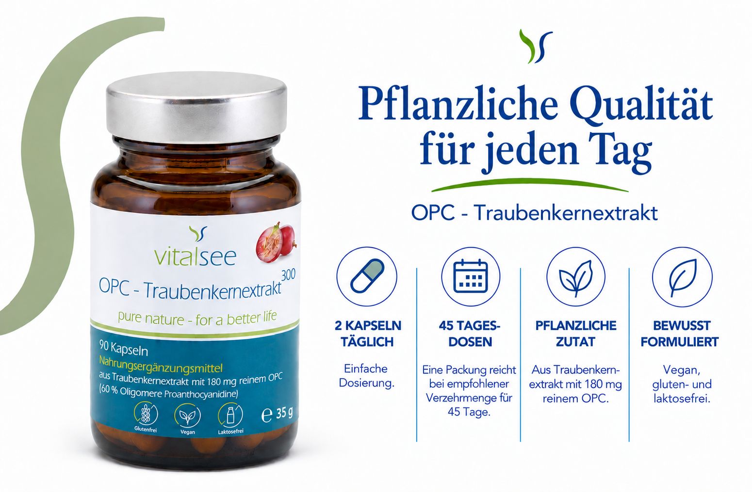 Braunes Glas mit 90 Kapseln OPC Traubenkernextrakt, Marke vitalsee.